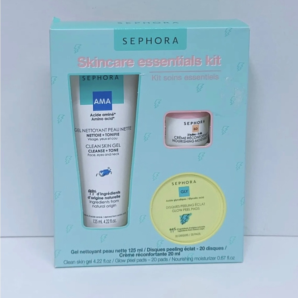 Sephora Eesentials Kit Amino Acid Gel, Glow Peel Pads, Nourishing Moisturizer